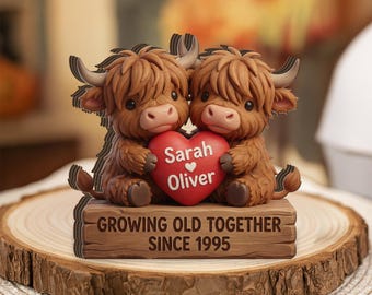 Bloque de madera personalizado de vaca de las Tierras Altas: regalo de aniversario personalizado para parejas, decoración rústica de granja