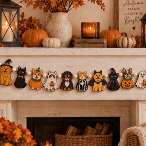 May include: A Halloween-themed garland featuring ten wooden cutouts of dogs and cats in costumes, including a golden retriever in a witch hat, a black cat, a corgi in a pumpkin, a cat as a ghost, a dog in a vampire cape, a cat skeleton, a bat dog, a witch cat, a dog in a pumpkin, and a ghost cat, all strung on a white wooden bead cord.