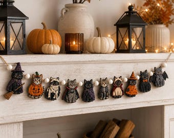 Ghirlanda di legno a tema Halloween con gatti, streghe, fantasmi, scheletri e zucche per decorare il caminetto.