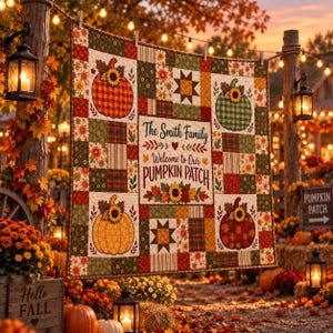May include: A patchwork quilt featuring a central panel with the text The Smith Family Welcome to Our PUMPKIN PATCH, surrounded by four large pumpkin motifs in orange, green, yellow, and red, accented with sunflowers and autumn-themed fabric squares.