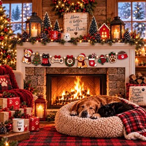 Puede incluir: Una repisa de chimenea decorada con una guirnalda de adornos de perros y gatos, un letrero que dice Home is better with Paw-Prints y dos linternas. Un golden retriever y un gato negro duermen en una cama beige sobre una alfombra a cuadros.