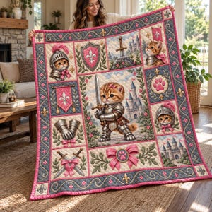 Pode incluir: Uma colcha retangular com uma ilustração central de um gatinho em armadura de cavaleiro segurando uma espada, rodeada por painéis menores com gatinhos de capacete, castelos, escudos e espadas cruzadas, emoldurada por uma borda rosa e cinza.