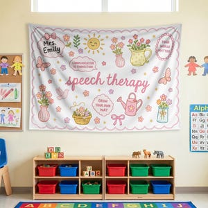Personalized Speech Therapy Tapestry, Floral Classroom Wall Hanging for SLP Office