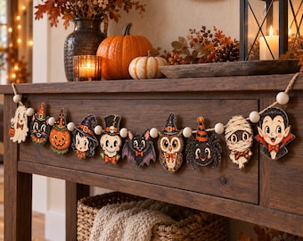 Może przedstawiać: Girlanda na Halloween z drewnianymi wycinankami przedstawiającymi ducha, czarnego kota, dynię, czarownicę, czaszkę, nietoperza, sowę, pająka, mumię i wampira, nawleczonymi wraz z białymi drewnianymi koralikami na sznurek z naturalnej juty.