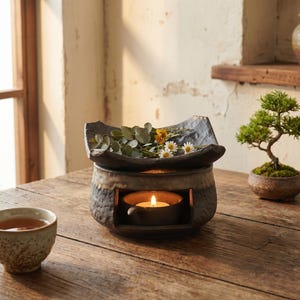 Op de afbeelding: Een donkerbruine keramische etherische olie diffuser met een brandende kaars. De diffuser heeft een getextureerde afwerking en een donkergrijze lade met bloemen en groen. Een kleine bonsai en een kopje thee staan op de houten tafel.