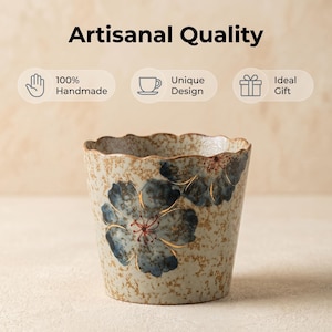 Handmade Ceramic Coffee Mug with Scalloped Rim,Vintage Floral Tea Cup,Wabi Sabi Artisan Pottery,Unique Japanese Style Stoneware,Gift for Her