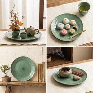 10.6" Large Sage Green Textured Ceramic Plate, Artist Signed Collectible Art, Rustic Modern Decorative Serving Dish, Unique Gift for Home