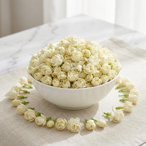 以下が含まれることがあります： 小さな白いジャスミンの花でいっぱいの白いセラミックボウル。半円形のジャスミンの花が、ニュートラルカラーのリネンの表面にあるボウルを囲んでいます。花はさまざまな開花段階にあります。
