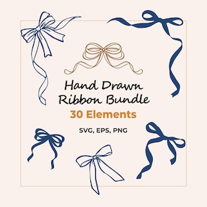 Może przedstawiać: Cyfrowy zestaw graficzny zawierający pięć ręcznie rysowanych kokardek z ciemnoniebieskimi i beżowymi konturami. Centralny tekst brzmi Hand Drawn Ribbon Bundle 30 Elements SVG, EPS, PNG. Projekt jest zamknięty w cienkiej prostokątnej ramce.