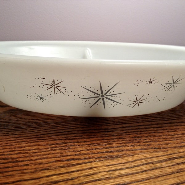 Vintage Blue/Silver Atomic Starburst Glasbake Divided Casserole