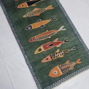 Handmade Wool Koi Fish Runner Rug: Green Carpet for Stair, Hallway and Kitchen Rug