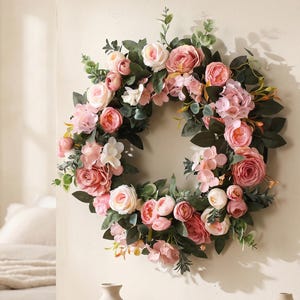 May include: A floral wreath featuring pink and white roses, hydrangeas, and foliage. The wreath is mounted on a light-toned wall. A wooden bedside table with three small vases and a stack of books is also visible.