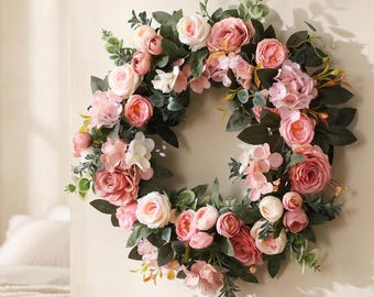 Ghirlanda di rose rosa, ghirlanda floreale artificiale primavera estate, ghirlanda di peonie boho per porta, decorazione murale rustica per matrimoni e stile country, regalo unico per lei