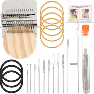 May include: A weaving loom kit with a metal frame, wooden discs, and needles. The kit includes orange rubber bands, black hair ties, and a clear tube with needles. A small paper with text is also included.