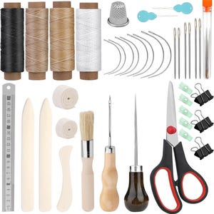 May include: A comprehensive leathercraft kit featuring spools of black, tan, and white thread, needles, scissors, a ruler, and various tools. Includes a thimble, needles, and clips. Ideal for leatherworking and crafting projects.