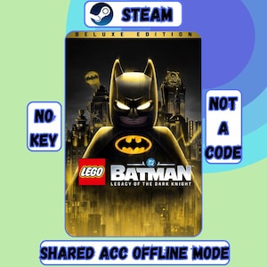 Puede incluir: Una carátula de juego digital para LEGO Batman: Legacy of the Dark Knight. La imagen presenta una figura de LEGO Batman con un traje amarillo y negro, con el logotipo de Steam y el texto "DELUXE EDITION". El texto adicional incluye "NO KEY", "NOT A CODE" y "SHARED ACC OFFLINE MODE".