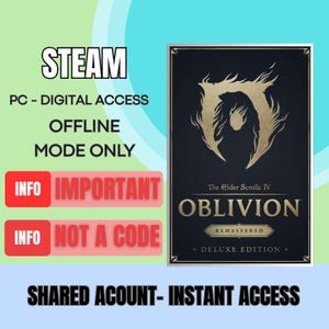 Könnte beinhalten: Werbebild für das Videospiel "The Elder Scrolls IV: Oblivion - Remastered Deluxe Edition". Das Bild zeigt das Logo des Spiels und Text, der digitalen Zugriff, Offline-Modus und gemeinsamen Konto-Zugriff anzeigt. Der Hintergrund ist eine Mischung aus Blau und Grün.