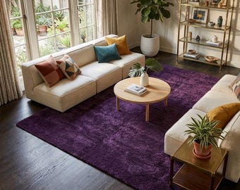 Tapete felpudo roxo de lã tufada à mão, tapete de área macio e luxuoso, tapete moderno e marcante para decoração de sala de estar.