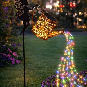 Solar Fairy Watering Can Lights, Metal Garden Stake, LED Waterfall Effect Yard Art