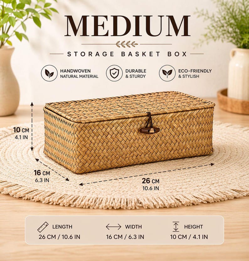 Woven Rattan Storage Boxes Set | Handmade Boho Home Organizer Baskets ...