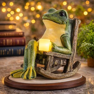 May include: A whimsical frog figurine in a rocking chair, holding a glowing candle. The frog is green and yellow, with a detailed, textured finish. The chair is made of wood, and the base is a dark brown. The background has soft, out-of-focus lights.