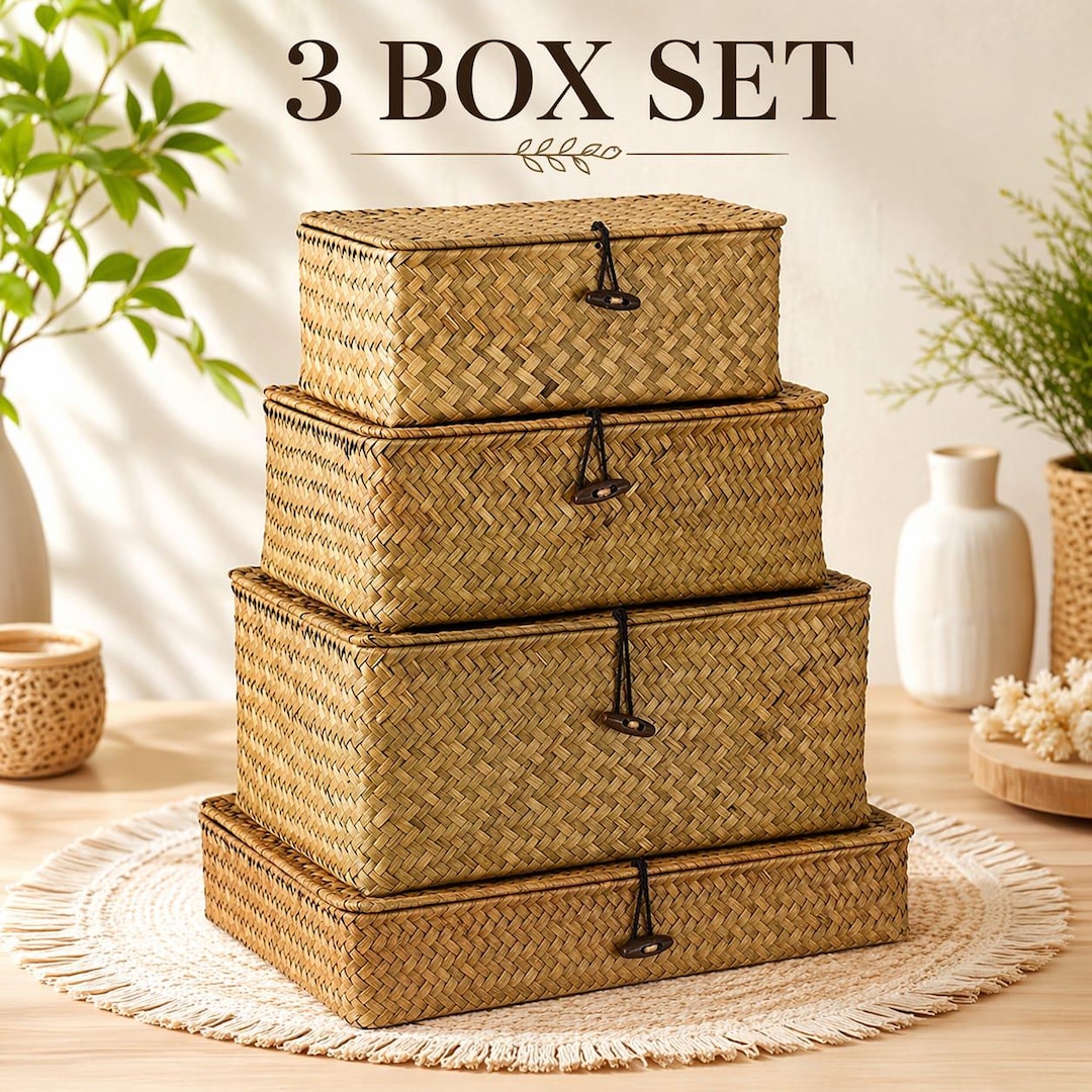 Woven Rattan Storage Boxes Set | Handmade Boho Home Organizer Baskets ...