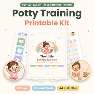 May include: A printable potty training kit featuring the title The Little Potty Reset, confidence over pressure, one little step at a time. Includes 19 pages, reward charts, and is available in A4 and US Letter sizes for ages 18 months to 3 years.