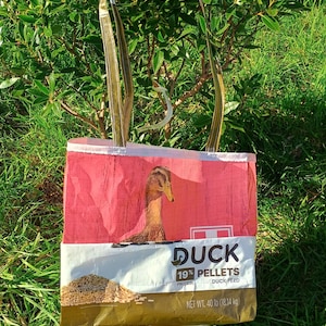 Upcycled Duck Feed Bag Tote With Wrap Around Pocket