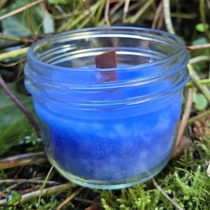 May include: A blue candle in a clear glass jar with a wooden wick. The candle is sitting on a bed of green moss.