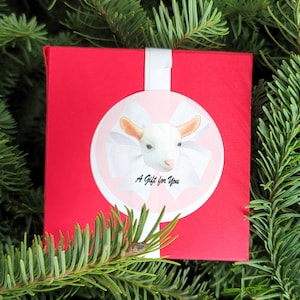 May include: A red gift box with a white circular label featuring a baby goat illustration and the text "A Gift for You." The box is set against a backdrop of green pine needles.
