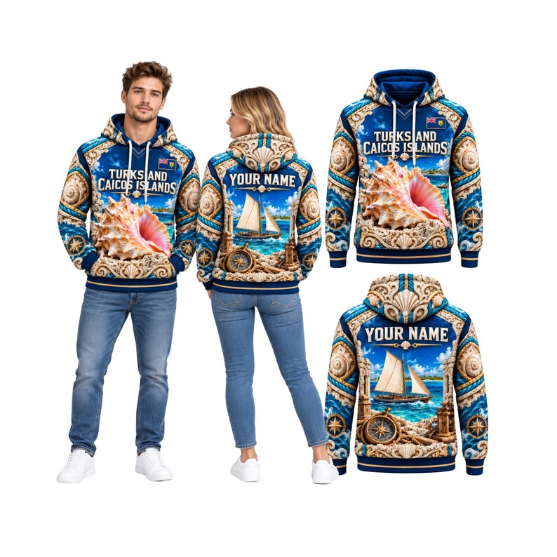 Personalized Turks and Caicos Hoodie, Custom Name Conch Shell Caribbean ...