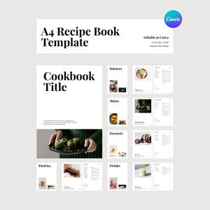 Puede incluir: Una plantilla de libro de cocina digital con un diseño limpio y minimalista. El título "A4 Recipe Book Template" se muestra en la parte superior, con la palabra "Cookbook Title" de forma destacada. Se incluyen secciones para entrantes, platos principales, postres, pasteles y bebidas.