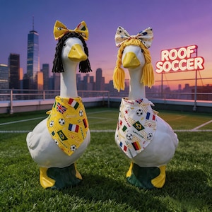 May include: Two white goose statues with yellow beaks and feet, wearing wigs and bandanas. One goose has black hair and a yellow bandana with flags and soccer balls. The other has blonde hair and a bandana with flags and soccer balls. The sign in the background says "ROOF SOCCER".