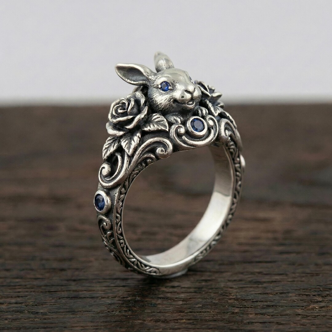 Rococo Rabbit Ring, 925 Sterling Silver Bunny Ring With CZ, Vintage ...