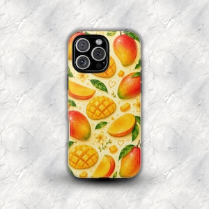 May include: A smartphone case featuring a vibrant pattern of whole and sliced mangoes, including diced mango cubes, small white flowers, and green leaves on a pale yellow background, with a black camera cutout at the top.