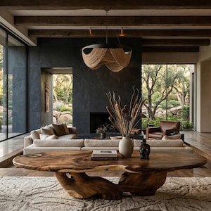 May include: A stylish living room with a large wooden coffee table, a beige sofa, and a dark stone fireplace. The room features large windows with a view of a lush garden and a woven light fitting.