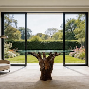 May include: A contemporary glass-topped table with a distinctive tree trunk base. The table is in a bright room with a large window offering a view of a green garden. A beige armchair and a small side table are also present.