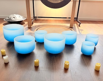 CVNC 7PCS Blue Aria Gradient Design Crystal Singing Bowl Set with Carrier Carrier Bag