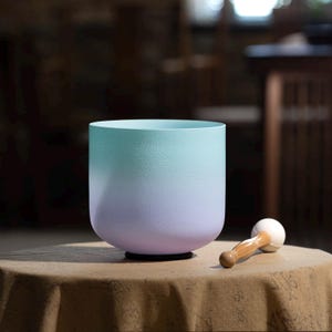 May include: A large, frosted glass singing bowl with a teal to lavender colour gradient. A wooden mallet with a white head rests beside the bowl on a tan surface. The bowl sits on a black base.