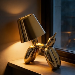 May include: A gold-coloured balloon dog lamp with a lampshade. The lamp is made of a shiny, reflective material and is positioned on a windowsill. The lamp is lit, casting a warm glow.