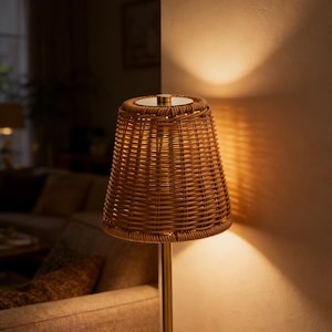 May include: A decorative table lamp with a woven rattan shade. The lamp has a brass base and stem, and the shade is a warm brown color. The lamp is turned on, casting a soft glow on the wall. The lamp is a stylish addition to any room.