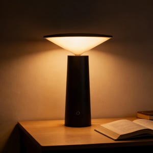 May include: A modern black table lamp with a conical base and a wide, flat, illuminated top. The lamp is turned on, casting a warm glow. The lamp is on a wooden table, with an open book.