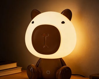 Luminária de mesa LED criativa em formato de capivara de desenho animado, com entrada por toque e conexão USB.