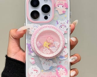 Funda Chiikawa 3D Pop Socket MagSafe para iPhone 17/16/15 Pro Max – Diseño Kawaii de Sanrio Friends, cubierta protectora transparente, compatible con MagSafe