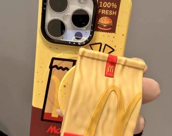 Funda divertida con diseño de comida rápida compatible con MagSafe para iPhone 17/16/15 Pro Max, diseño retro de hamburguesa y papas fritas con soporte 3D para caja de papas fritas, linda funda para amantes de la comida.
