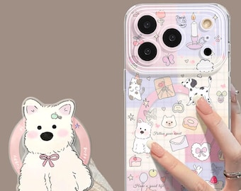 MagSafe Compatible Pink Plaid Puppy Case for iPhone 17/16/15 Pro Max – Cute Dog & Kawaii Pattern Cover with Detachable Pop Socket,Cute Gift
