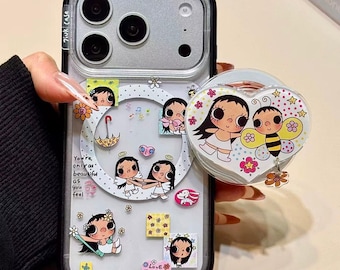 Fully MagSafe Compatible Kawaii Angel & Bee Case for iPhone 17/16/15 Pro Max – Clear Cover with 3D Heart Pop Socket,Perfect for Cute Girls