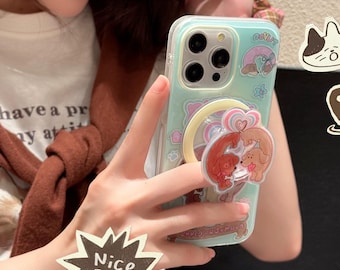Funda MagSafe con diseño de perro salchicha verde menta para iPhone 17/16/15 Pro Max – Diseño kawaii de corazón y donut con Pop Socket 3D, compatible con MagSafe