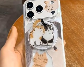 Funda transparente con diseño de gatos abrazados en 3D y soporte MagSafe Pop Socket para iPhone 17/16/15 Pro Max – Diseño Kawaii para amantes de los gatos, funda protectora transparente.