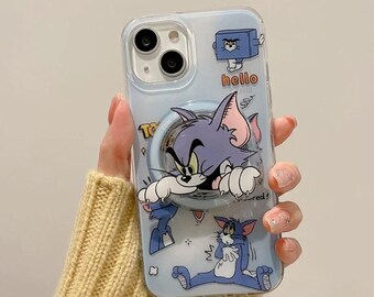 Funda para teléfono PopSocket MagSafe 3D clásica de Tom y Jerry para iPhone 17/16/15 Pro Max - Estampado de expresiones de Tom el Gruñón, cubierta protectora transparente
